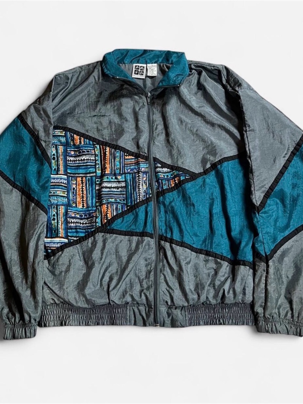 Vintage Teal & Gray Men’s Geometric Windbreaker Jacket